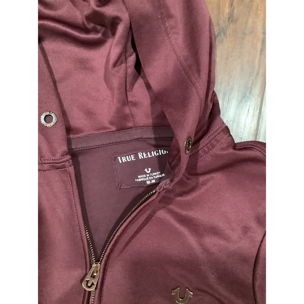 Men's True Religion Burgundy Hooded Zip Jacket With Biege Stripes Medium